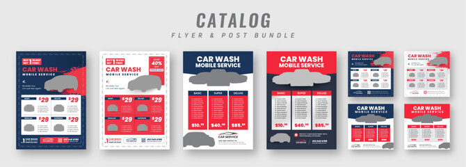 Car wash service promotional catalog flyer and banner template bundle. Auto detailing marketing materials with pricing, package details, and customizable print and social media graphics.