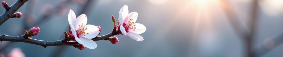 delicate white petals unfurl on bare branches, almond tree, frosty trees, tree blossoms