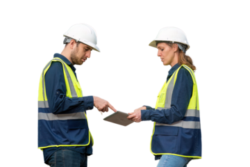 Engineers wearing safety gear, including hard hats examining survey standing industrial facility engaged in a job requires high safety standards concept with PNG white background.	