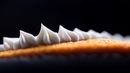 Close-up of a beautifully decorated dessert showcasing intricate white frosting peaks atop a vibrant orange base