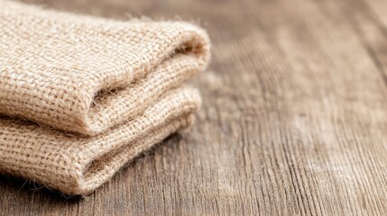 Folded burlap fabric on rustic wood table