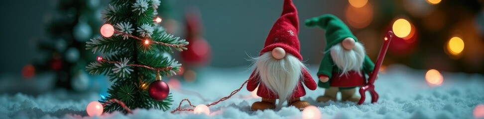 Fototapeta premium Gnomes in green and red clothing arrange a miniature Christmas tree with soft pink and blue fairy lights, decorative items, pink