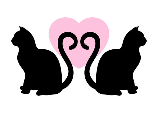 Logo con silueta de pareja de gatos negros sentados con rabos como coraz&oacute;n para su uso en felicitaciones y tarjetas del d&iacute;a de San Valent&iacute;n