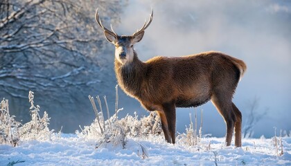 Fototapeta premium Striking Young Red Deer Braves the Chilly Winter Dawn, Silhouetted against Frosty Landscape, Capturing the Serene Beauty of a SnowCovered Morning in the Wilderness.