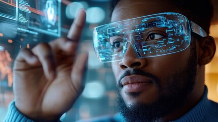 A professional on a video call with global colleagues, using high-tech translation tools on their holographic display