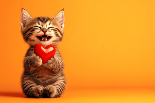 Ad campaign conceptual art. Havana brown - my beloved cat. Cute havana brown kitten cub with furry friend toy red heart - emblem of love, funny greeting card. Red valentine photo. Cute pet.