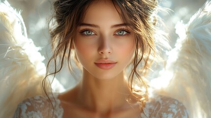 beautiful woman with white angel wings on a neutral background digital illustration