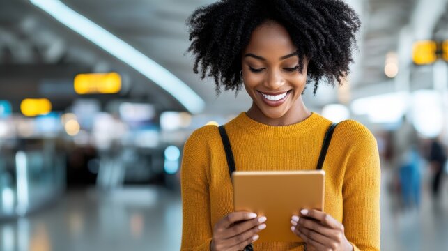 A professional standing at an airport terminal, reviewing emails on their tablet while waiting for an international flight