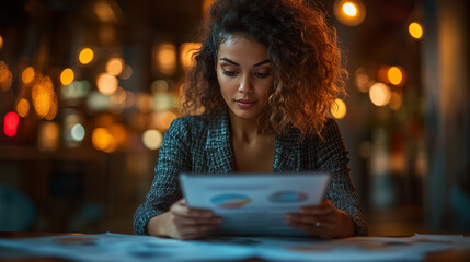 A businesswoman reviewing documents with a digital tablet and coffee. Bright lighting, contrast