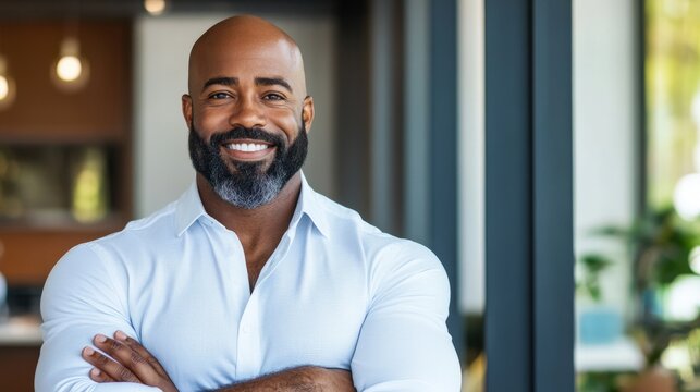 A professional with arms crossed, smiling confidently, with room on the right for logo placement