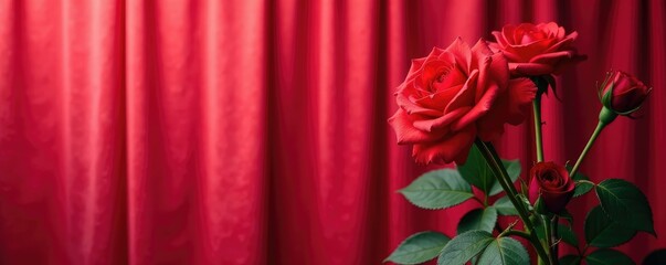 Warm red rose bush with thorns against a soft red and pink striped velvet backdrop, roses, red, stripes