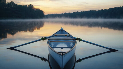 Rowing Boat Resting on Calm Lake at Dawn with Oar in Serene Nature Setting