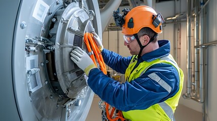Fototapeta premium Engineer Performing Routine Maintenance and Inspection Inside a Wind Turbine Fully Equipped with Personal Protective Equipment Harness and Safety Gear Illuminated by Soft Golden Sunset Lighting