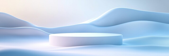 Minimalist podium surrounded by soft icy blue waves in serene setting