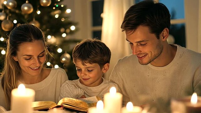 Family Reading Easter Story Together with Candles Lit