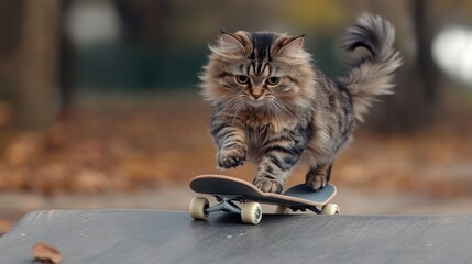 Feline skateboard tricks in an autumn park setting full of fallen leaves and natural beauty