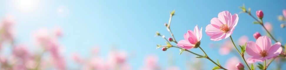 Obraz premium Pastel pink flowers swaying in the breeze under a clear blue sky, peaceful, delicate