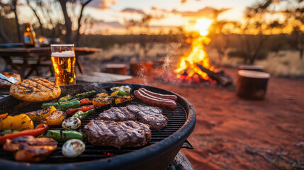 Rustic Barbecue Scene in the Australian Outback with Grilling and Sunset