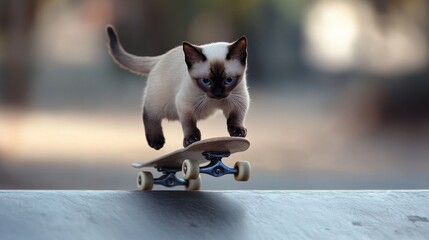 A charming cat gracefully skateboarding in a sunny urban park setting during the late afternoon hours