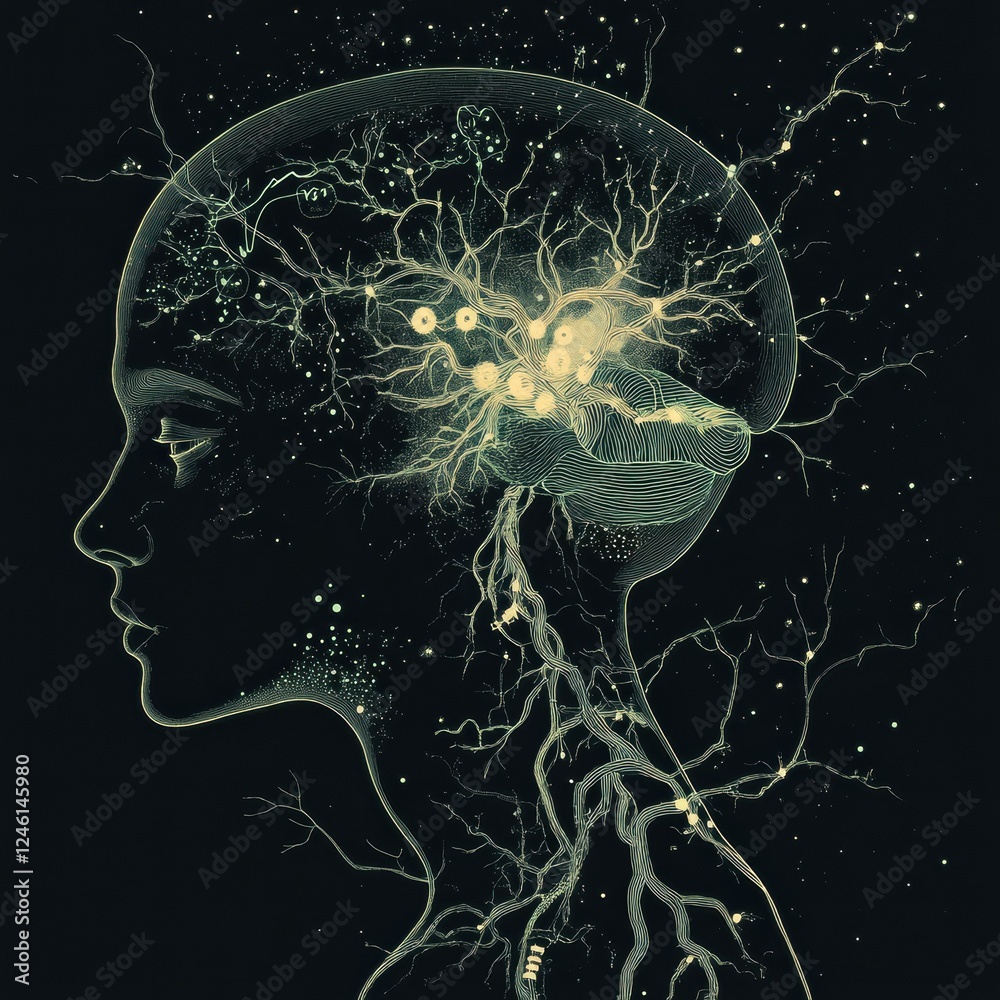 Leinwandbilder Conceptual study of neural activity glowing neuron pathways and electrical pulses in a scientific representation of the brain. AI