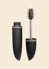 Black mascara makeup with eye lash applicator wand brush 3D vector illustration. Luxury mascara packaging design style vector illustration. Korean skincare cosmetic product beauty makeup.