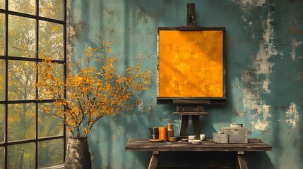 Cozy Art Studio with Colorful Vases and Vibrant Yellow Canvas