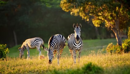 Fototapeta premium Zebra Roaming a Vast Meadow in a Wildlife Park at Dusk, Majestic Creatures and Lush Landscapes Blend Harmoniously Under a Warm Orange Sky, Capturing the Essence of Africas Natural Beauty.