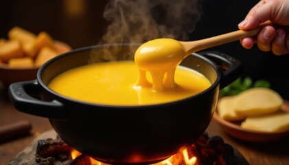Warmth emanates from the fondue pot over flames as melted cheese stretches on a wooden dipper, fire, fondue