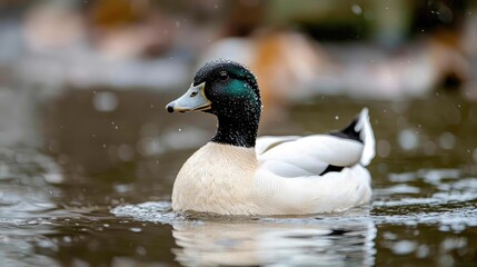 Fototapeta premium Male duck swimming in pond, autumn leaves background. Wildlife nature photography for websites