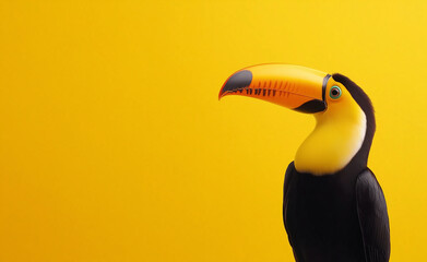 A striking toucan with a large, colorful beak set against a bright yellow background, highlighting its exotic features.