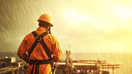 Focused offshore maintenance technician fully suited in orange PPE and a safety harness