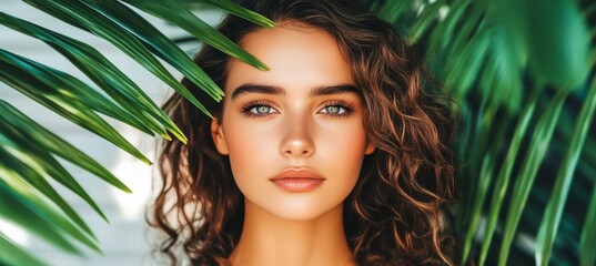 Fototapeta premium Beautiful woman with perfect skin framed by lush tropical leaves, a portrait of natural beauty.