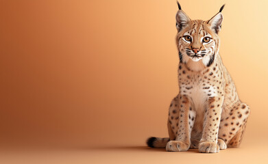 A majestic caracal cat sitting elegantly against a vibrant yellow background, showcasing its tufted...