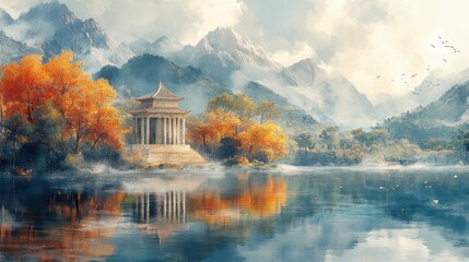 biblical time watercolor landscape with ancient temple and river digital art painting