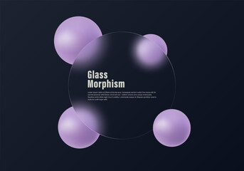Dark gradient background and round banner made of transparent material with spheres in glass morphism style. Futuristic vector template of website landing page.