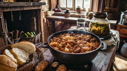Fototapeta premium Rustic Polish Kitchen with Bigos Pot Among Fresh Ingredients and Cozy Atmosphere