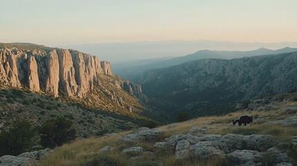Naklejka premium Goat grazing mountain sunset valley landscape