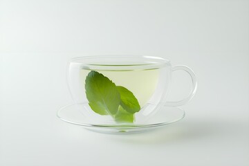 Glass cup of herbal tea with fresh mint leaves on a transparent saucer against a white background, creating a minimalistic and refreshing composition