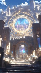 Obraz premium A golden magical portal on an ancient island connected to an ancient city from a fairy tale