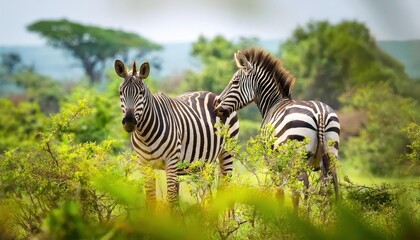 Fototapeta premium Zebras in lush green savannah backdrop, Zambia Majestic Stripes Contrasting Against a Vibrant Landscape at Dusk, Showcasing the Beauty of African Wildlife