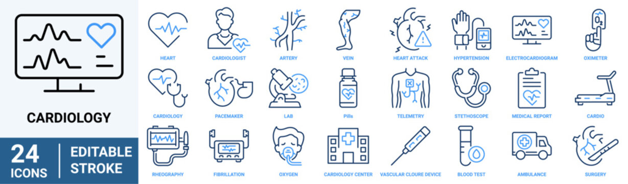 Cardiology web line icons. medicine, heart attack, health report, heart, coronary angiography, health tracker. Editable stroke.