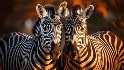 Fototapeta premium Zebra Duo in Harmony Amidst African Sunset, Majestic Creatures Bathed in Warm Amber Light against Backdrop of Vibrant Savannah Landscape, Capturing Serene Peacefulness and the