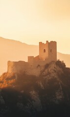 Fototapeta premium Ancient castle perched on a hilltop with soft golden light casting shadows at dusk. Generative AI