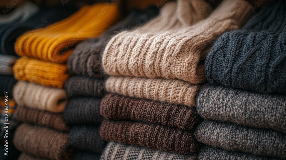 Poster soft, knitted sweaters in various rich autumn hues are neatly arranged in a boutique display, inviti