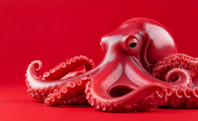 Fototapeta premium A bold red octopus with glossy, detailed tentacles resting against a deep red background.