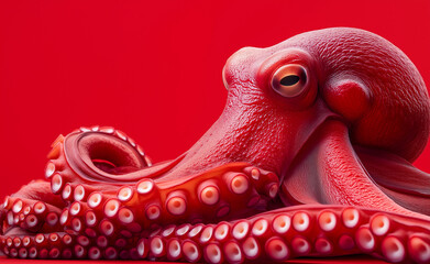 A bold red octopus with glossy, detailed tentacles resting against a deep red background.