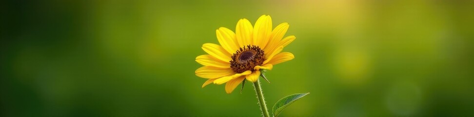Single sunflower with delicate stem and leaves, leaves, yellow