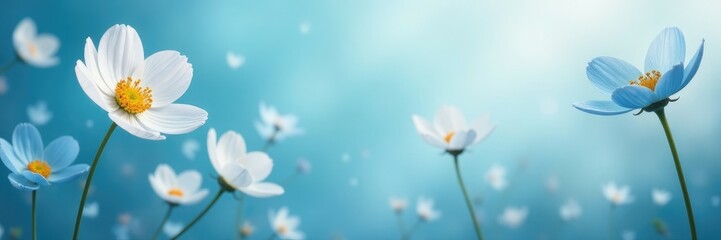 Pale white and blue flower petals gently swaying in a breeze, , whimsical