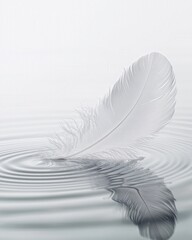 White feather floating on water with gentle ripples 
