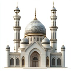 Majestic Mosque Architectural Render, White Background, Islamic Design, Travel Brochure